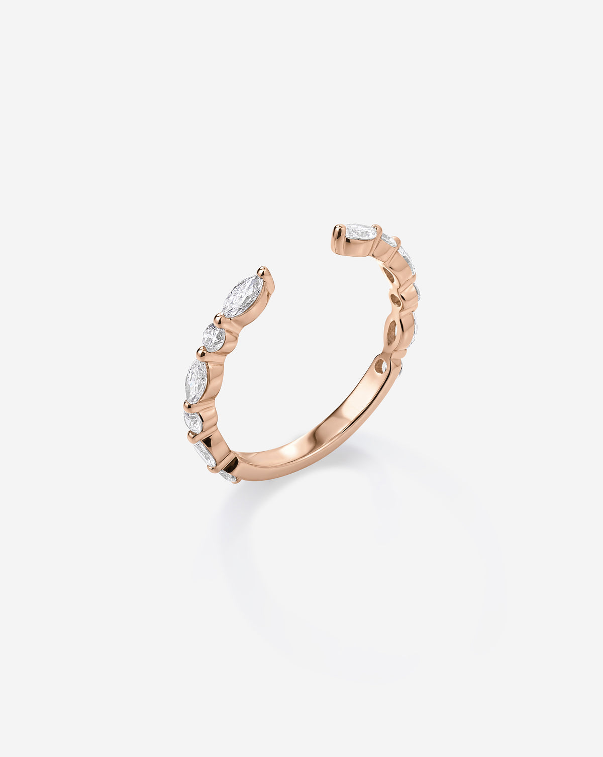 Angled side view of the Marquise + Round Open Lab Diamond Band in 14k rose gold, highlighting alternating marquise and round lab diamonds along the open band. 14k Rose Gold