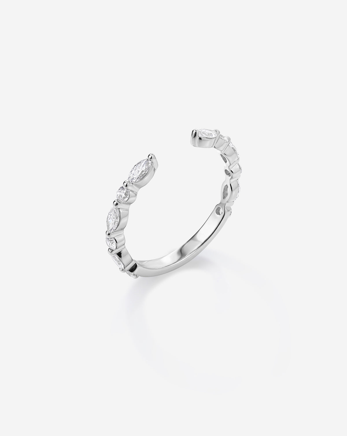 Angled side view of the Marquise + Round Open Lab Diamond Band in platinum, highlighting its delicate silhouette and alternating marquise and round lab diamonds. Platinum
