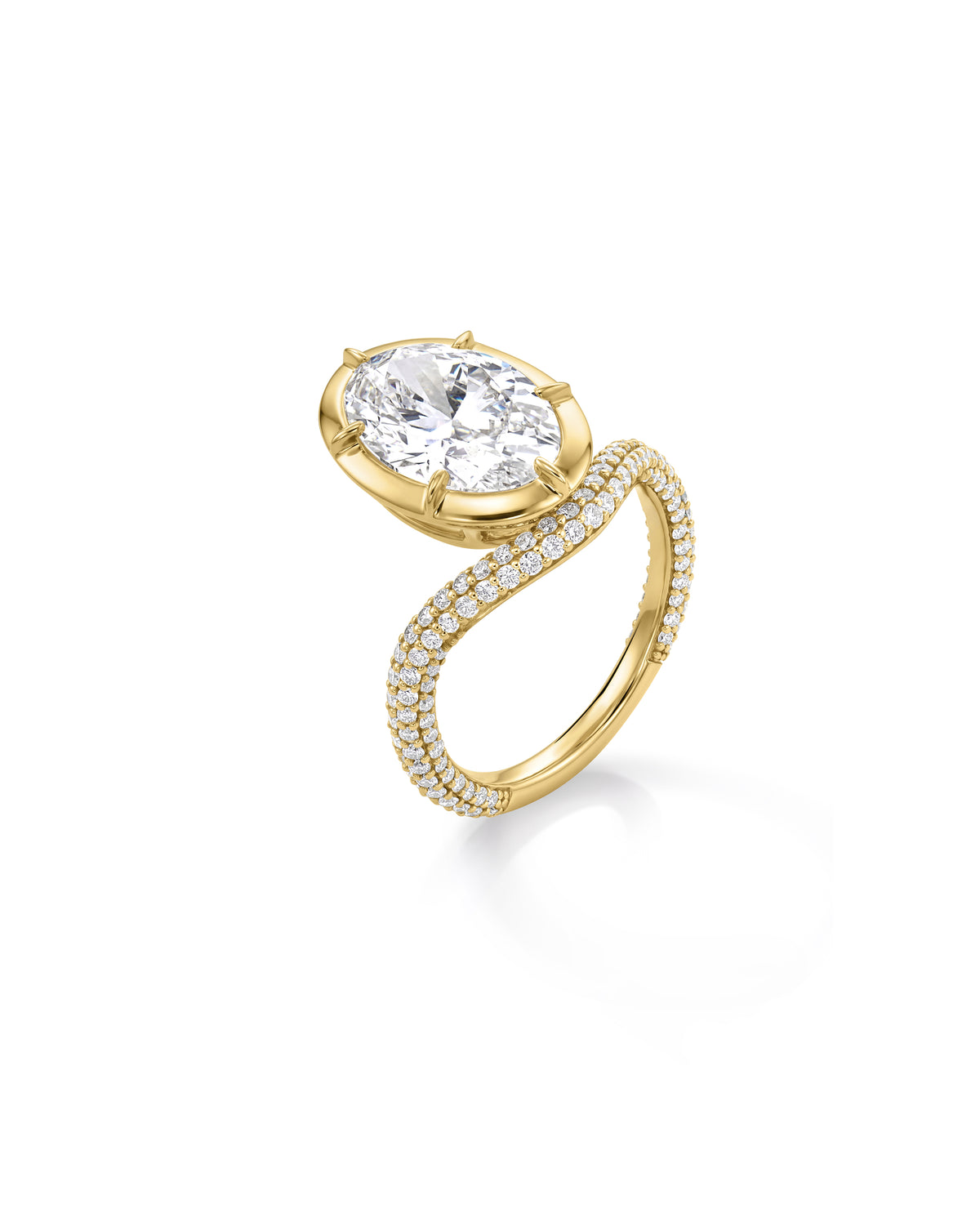 Side  view of a Pave Nest with Oval Diamonds and round brilliant diamonds at its setting of 14k Yellow Gold 67602394808408