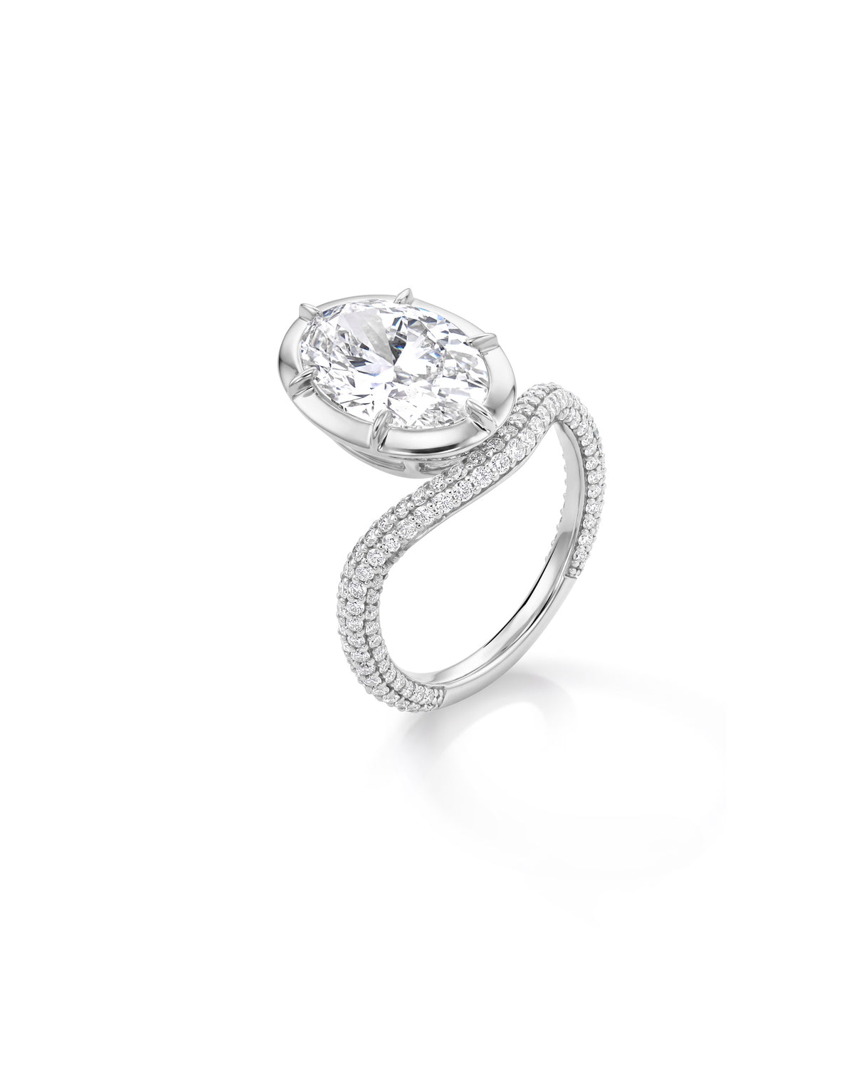 Angled view of a Pave Nest with Oval Diamonds and round brilliant diamonds at its setting of platinum 67602395332696