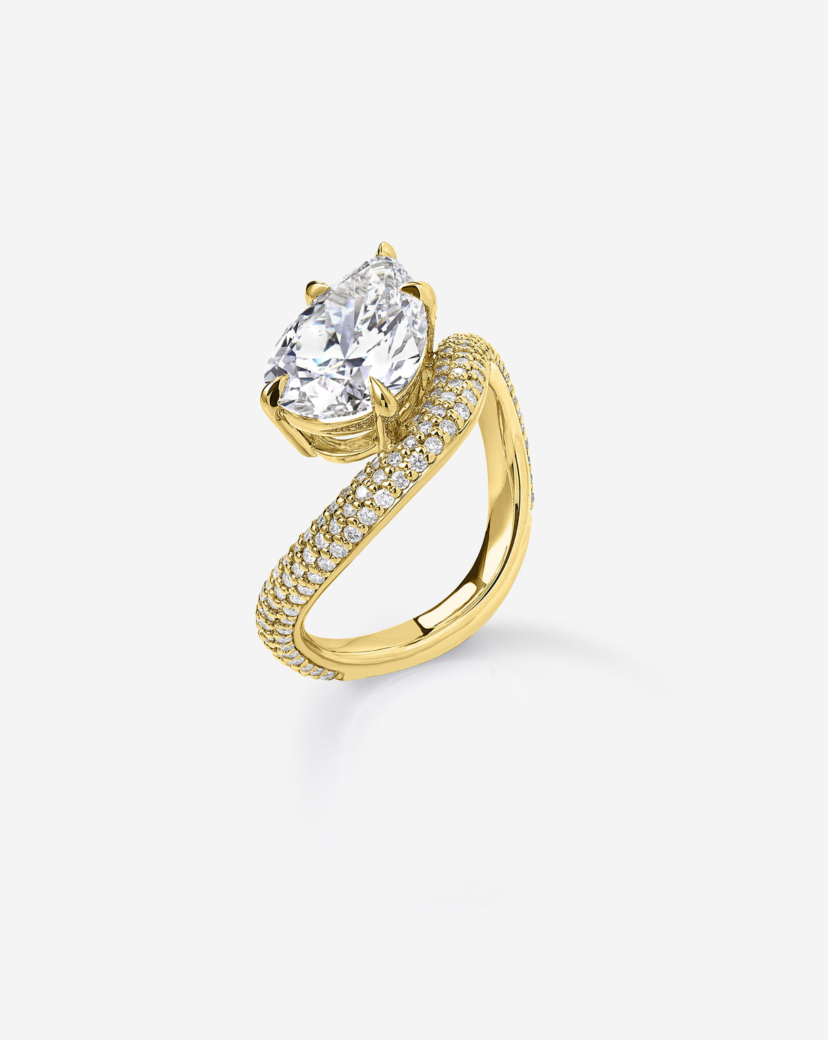 Side view of the Pavé Wave ring showcasing a 3.02-carat pear-shaped lab-grown diamond in a raised prong setting with a sweeping, diamond pavé 14k yellow gold band.