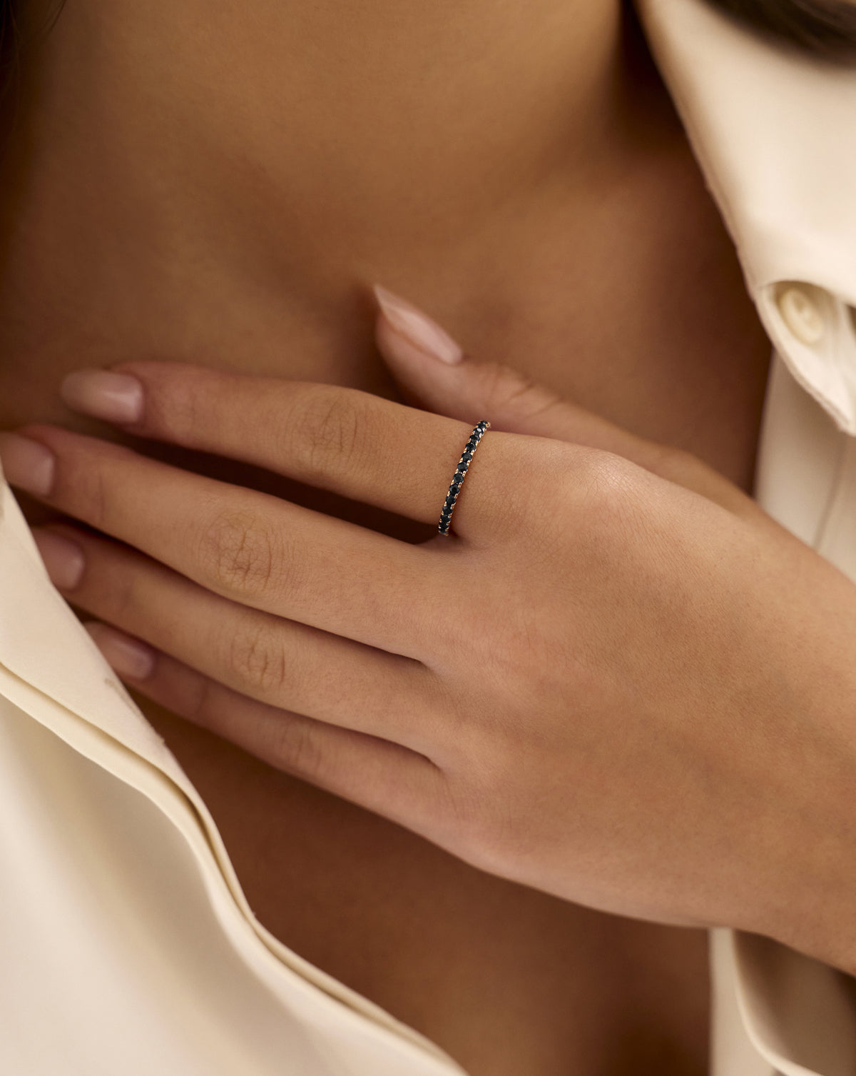 50/50 Perfect Pavé Black + White Lab Diamond Ring showing the black diamonds 14k yellow gold 14k white gold