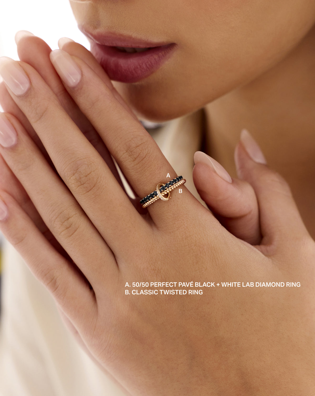 50/50 Perfect Pavé Ruby + Lab Diamond Ring stacked with the classic stackable ring held together with the Pave Ring Clique clasp 14k yellow gold 14k white gold Sterling silver