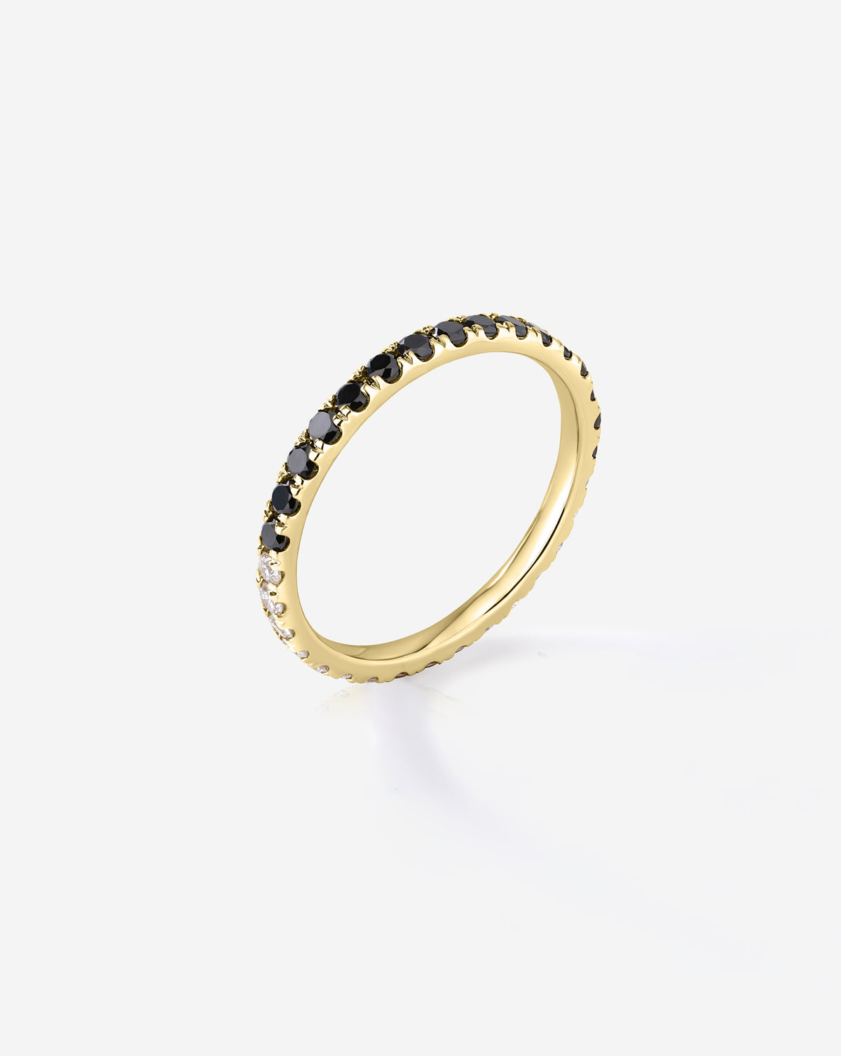 50/50 Perfect Pavé Black + White Lab Diamond Ring showing Black and white diamonds 14k yellow gold