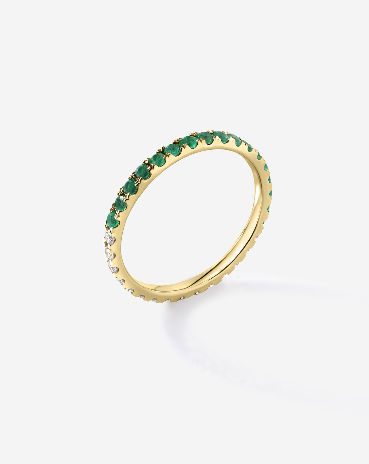 50/50 Perfect Pavé emerald + Lab Diamond Ring showing side angle 14k yellow gold 