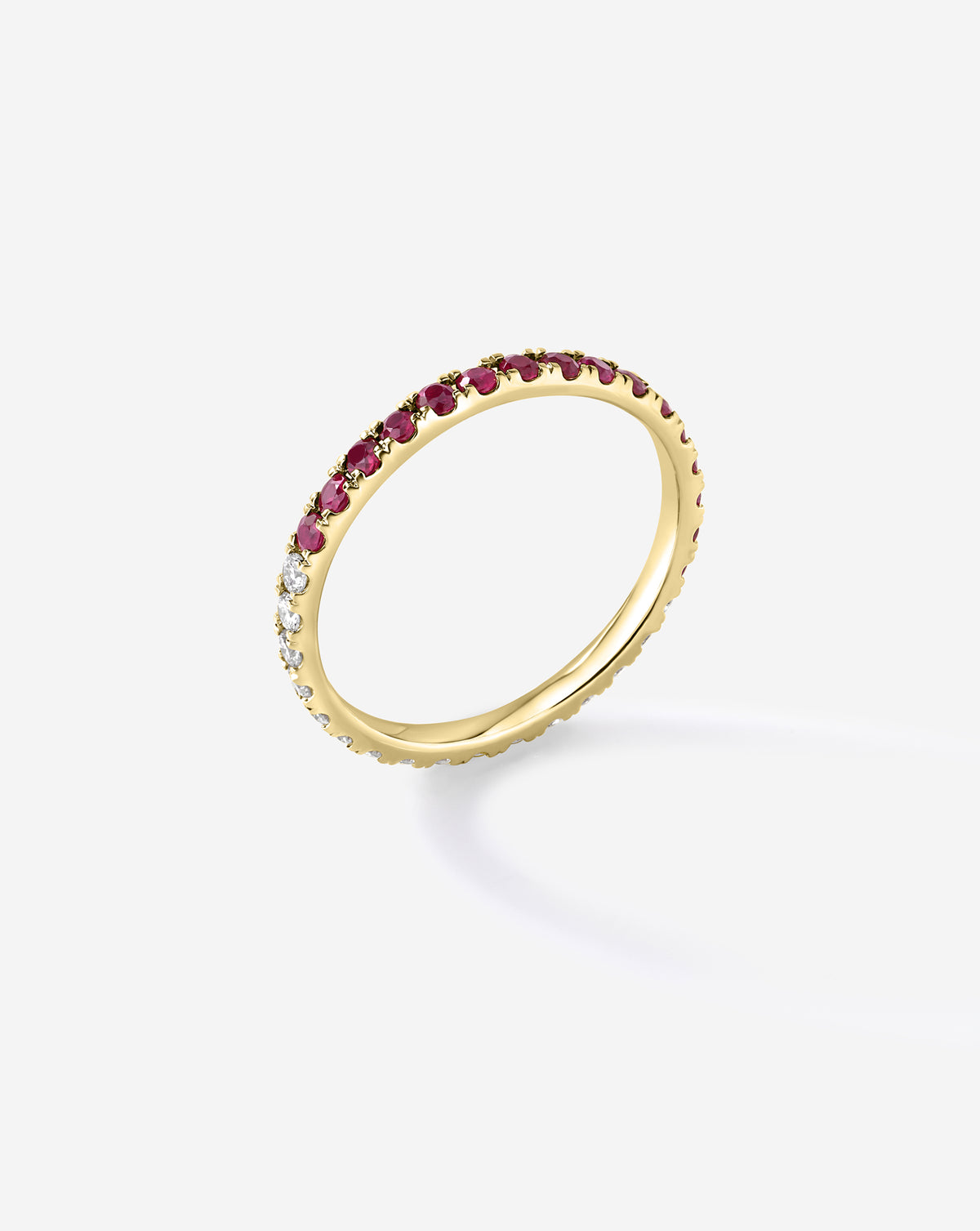 50/50 Perfect Pavé Ruby + Lab Diamond Ring showing side angle 14k yellow gold 