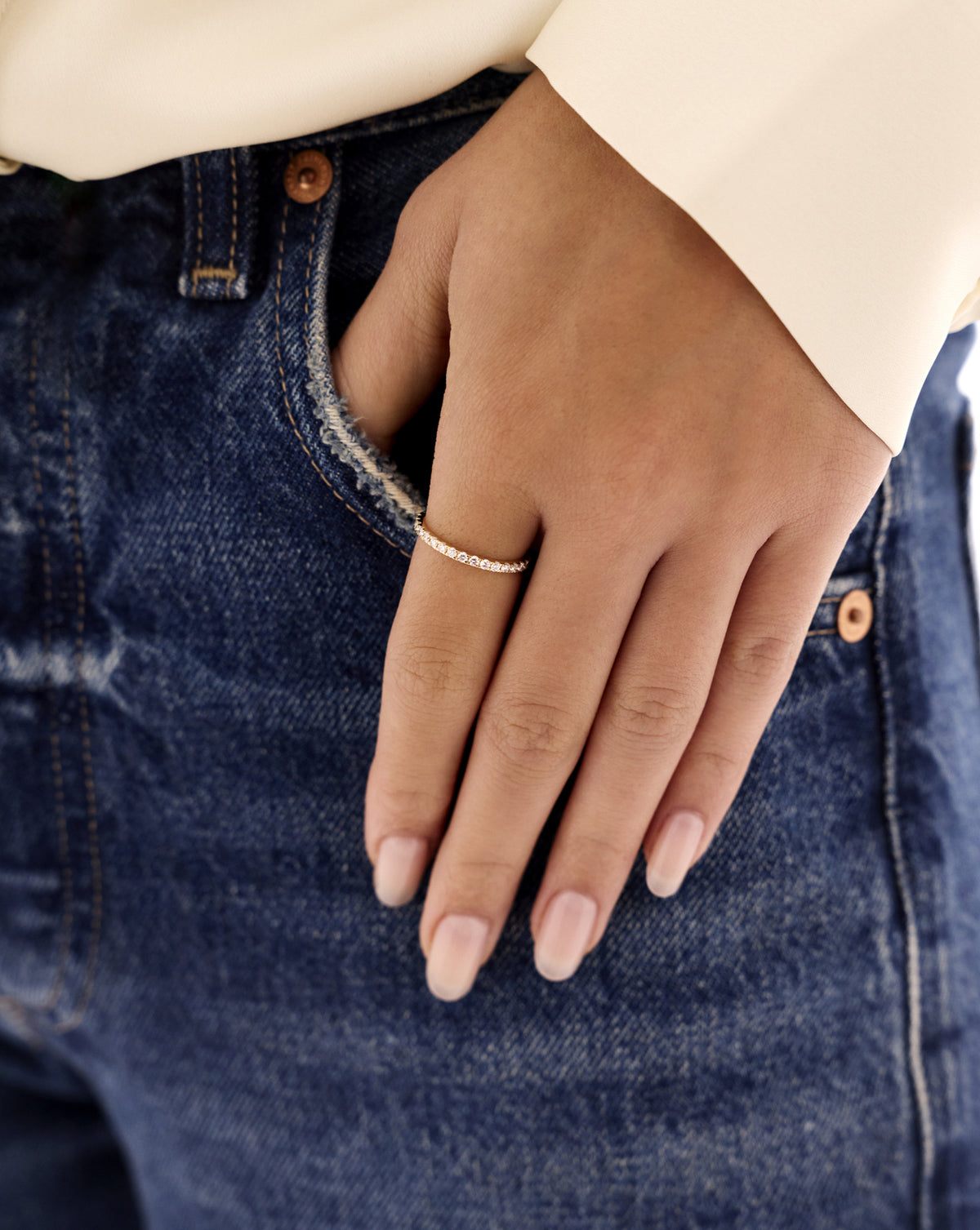 50/50 Perfect Pavé sapphire + Lab Diamond Ring showing the lab diamonds 14k yellow gold 14k white gold