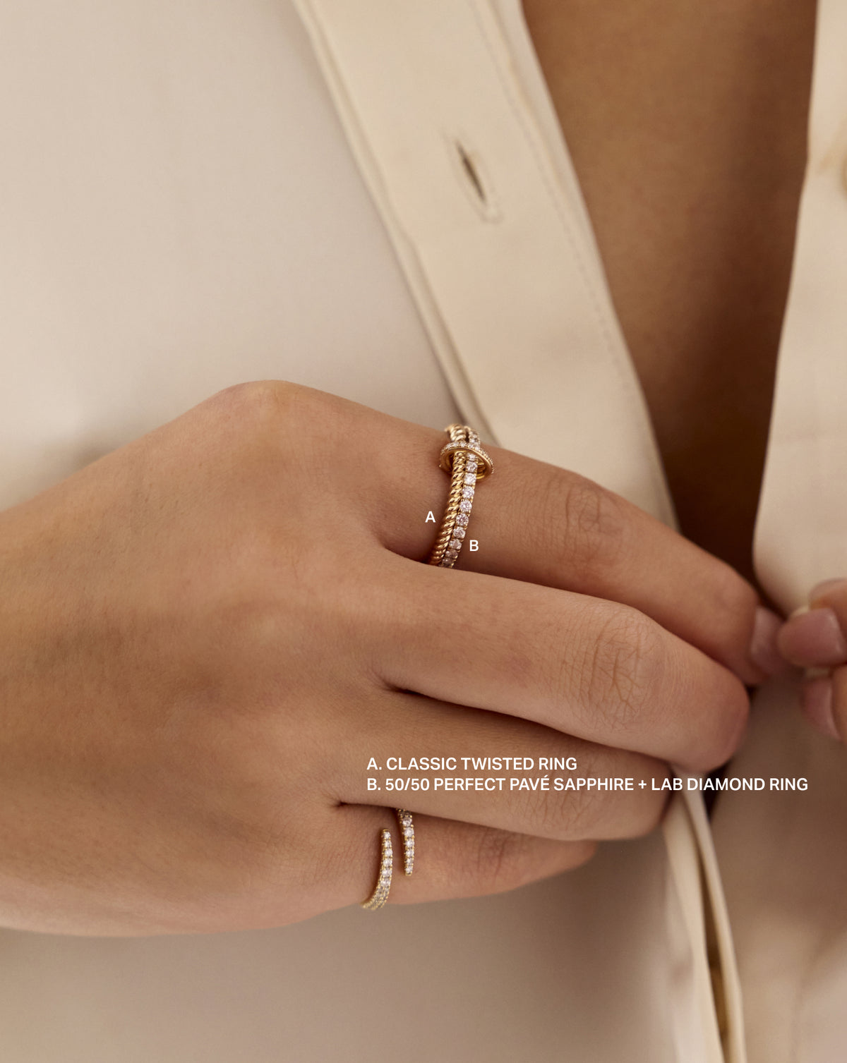 50/50 Perfect Pavé Sapphire + Lab Diamond Ring stacked with the classic twisted ring with the Pave clique ring clasp 14k yellow gold 14k white gold
