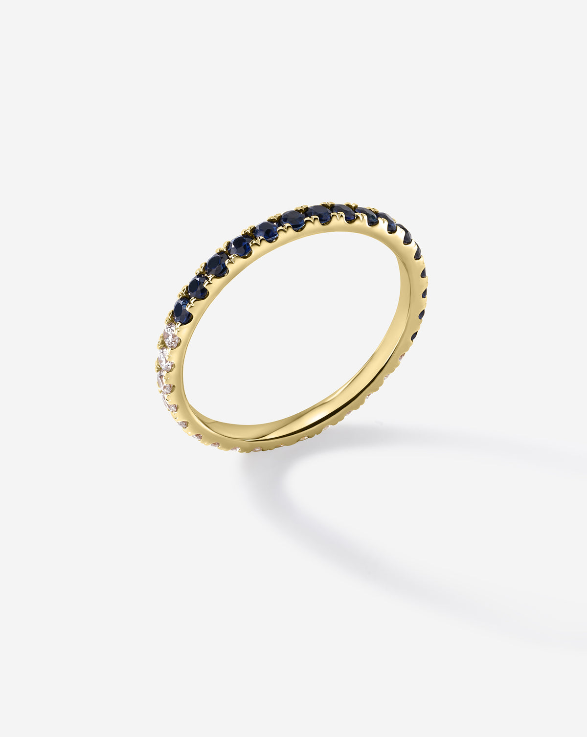 50/50 Perfect Pavé Sapphire + Lab Diamond Ring showing side angle 14k yellow gold 