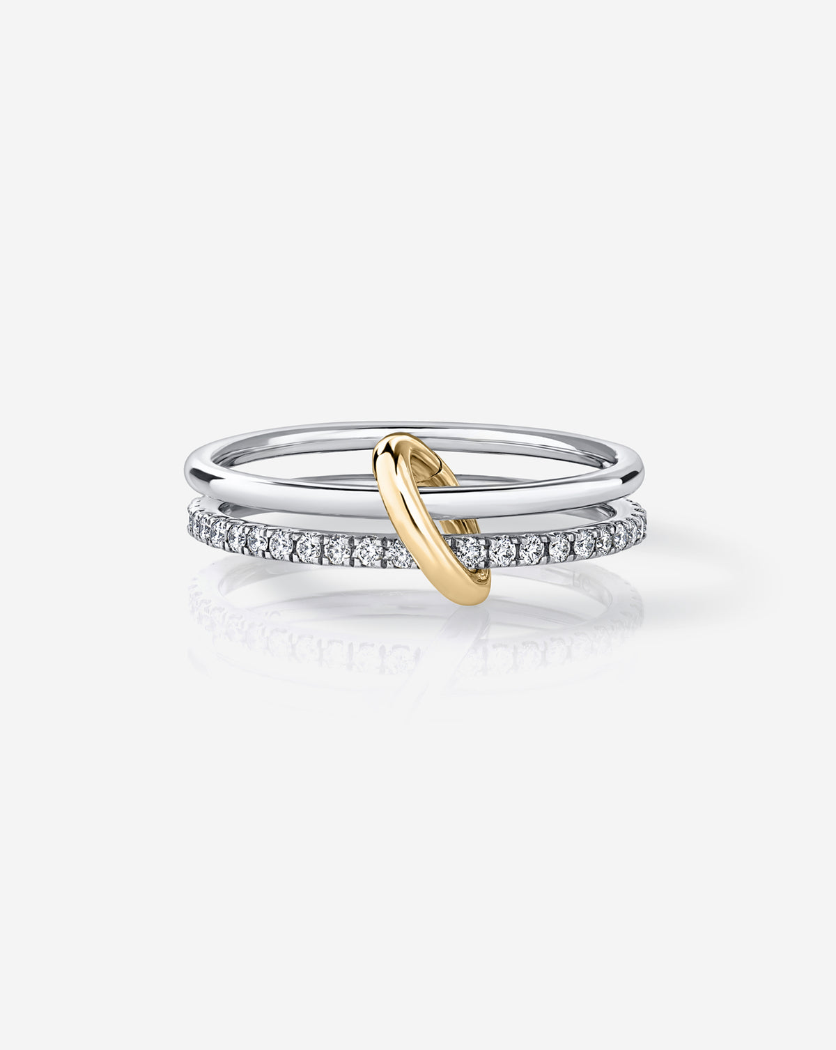 Stacked image of a sterling silver Petite stackable Ring and 1.3mm Perfect Pave Diamond Ring with the Solid Ring Clique Clasp 14k Yellow Gold Sterling Silver