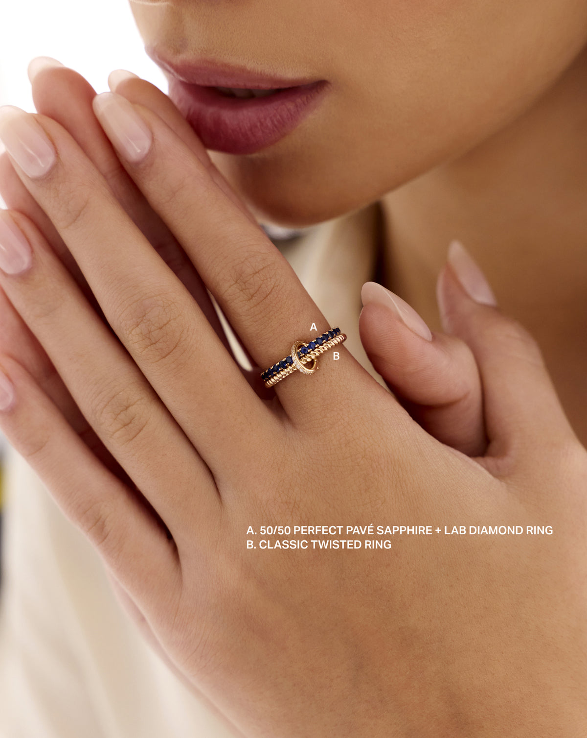 Close-up of a stacked 50/50 Perfect Pave Sapphire and Classic Twisted Ring, closed with the Pave Ring Clique Clasp 14k Yellow Gold Sterling Silver 