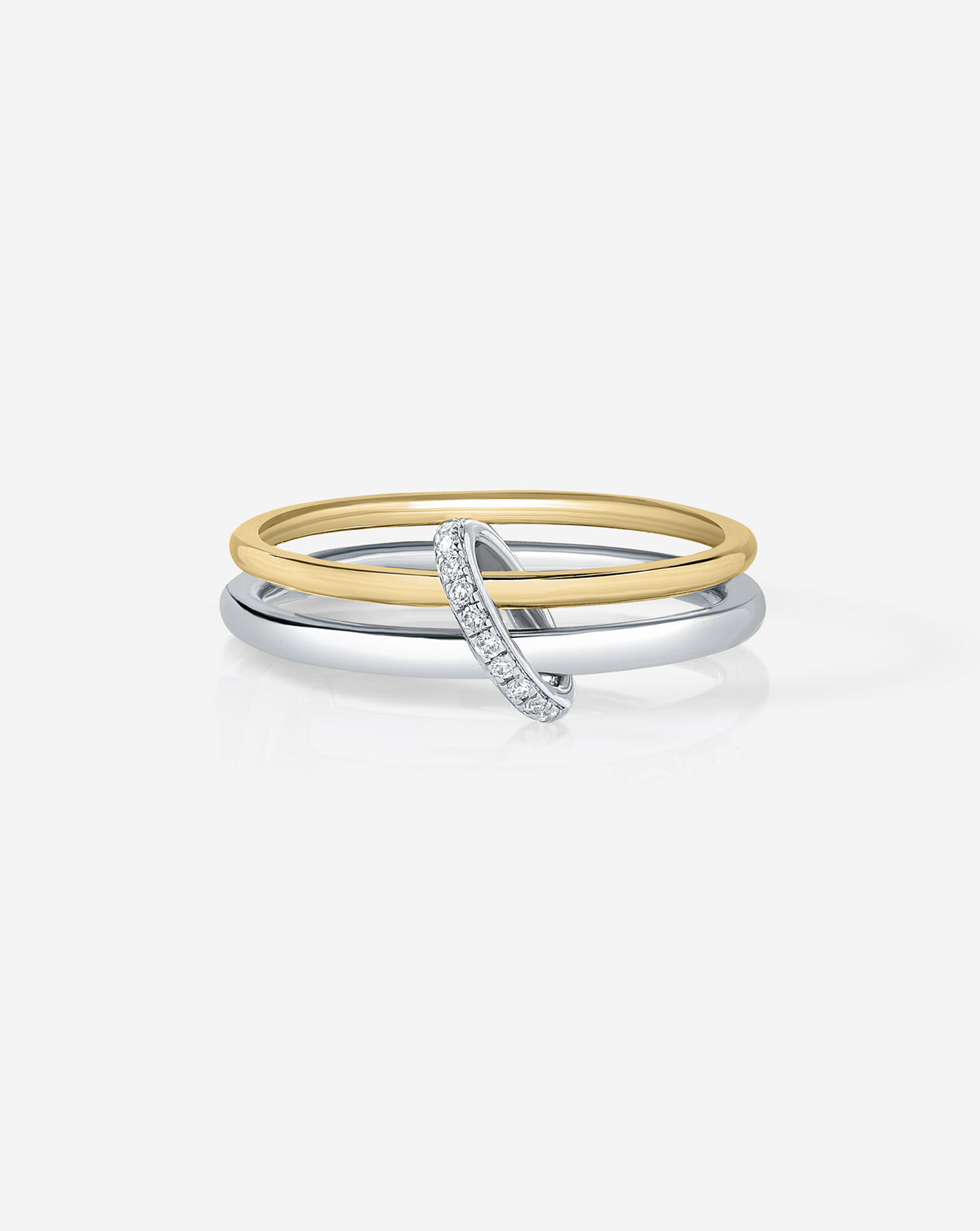 Stacked image of a sterling silver Petite stackable Ring and 1.3mm Perfect Pave Diamond Ring with the Pave Ring Clique Clasp 14k Yellow Gold Sterling Silver 