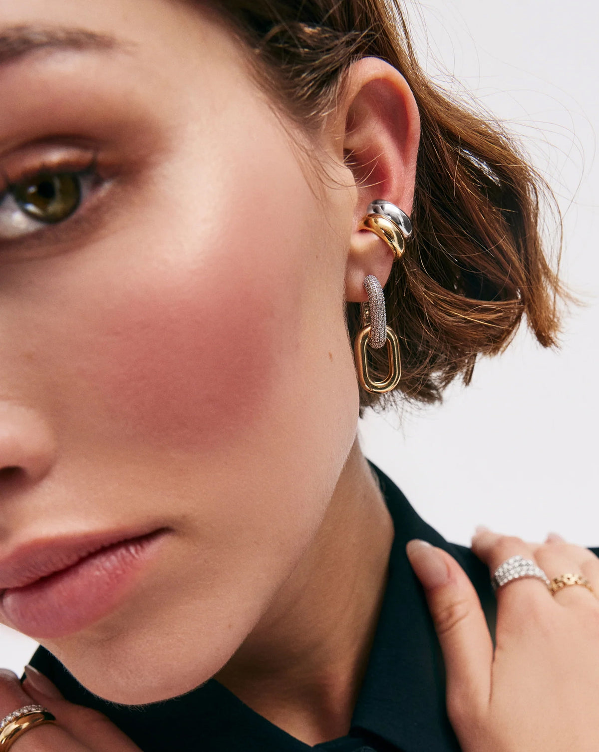 Ring Concierge Cloud Ear Cuff sterling silver - on-model on left ear styled with multilink cloud hoops