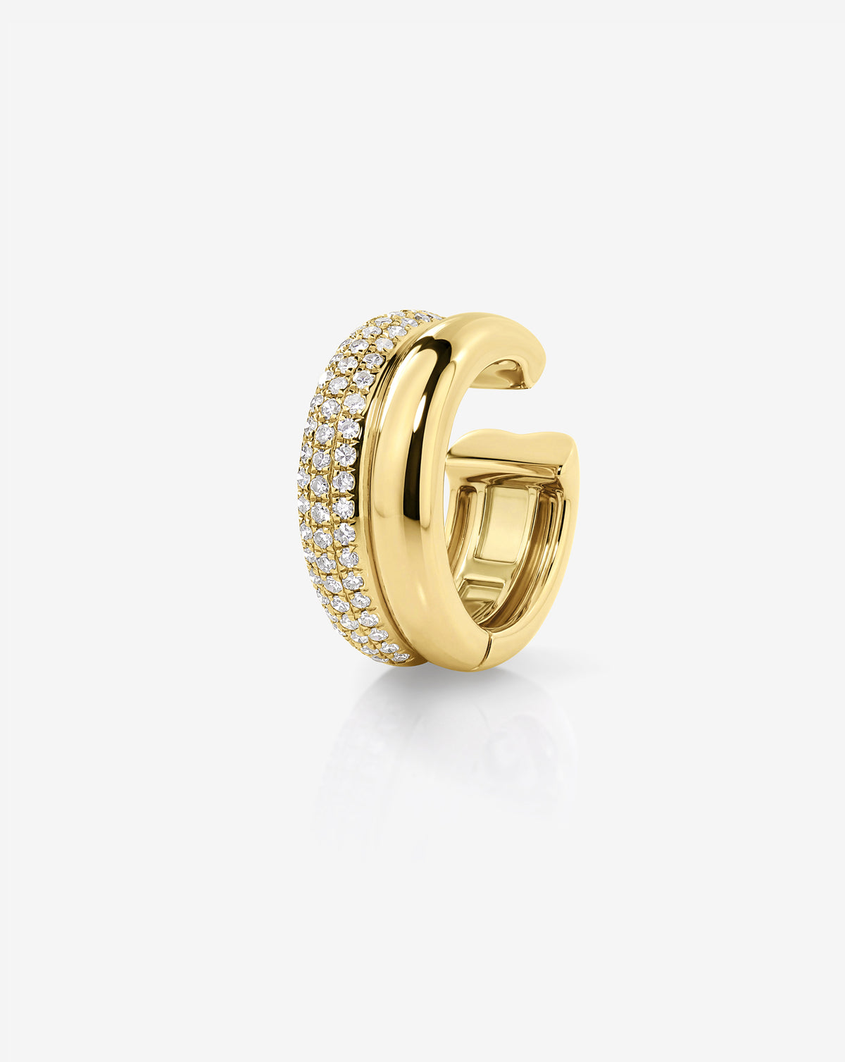 Gold double-row pavé ear cuff with sparkling clear stones and polished gold finish, displayed on a white background.