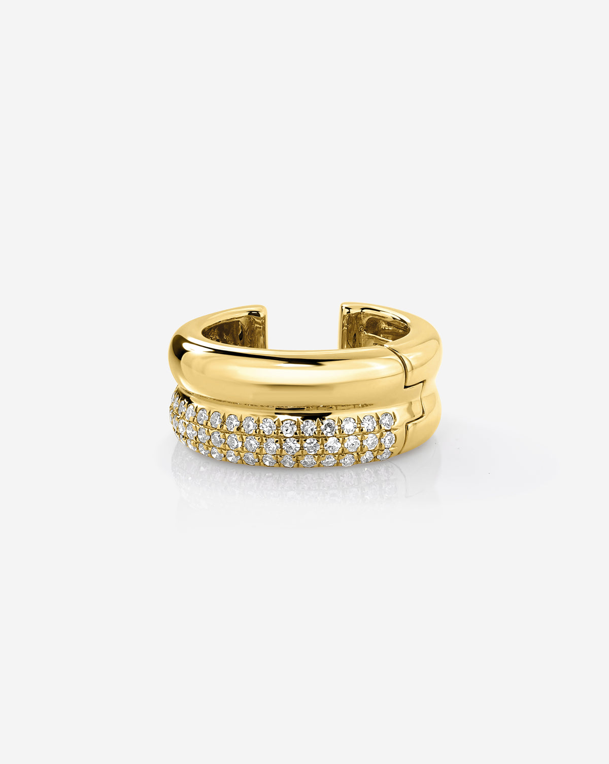Gold double-row pavé ear cuff with two rows of sparkling clear stones and a polished gold finish, displayed on a white background.