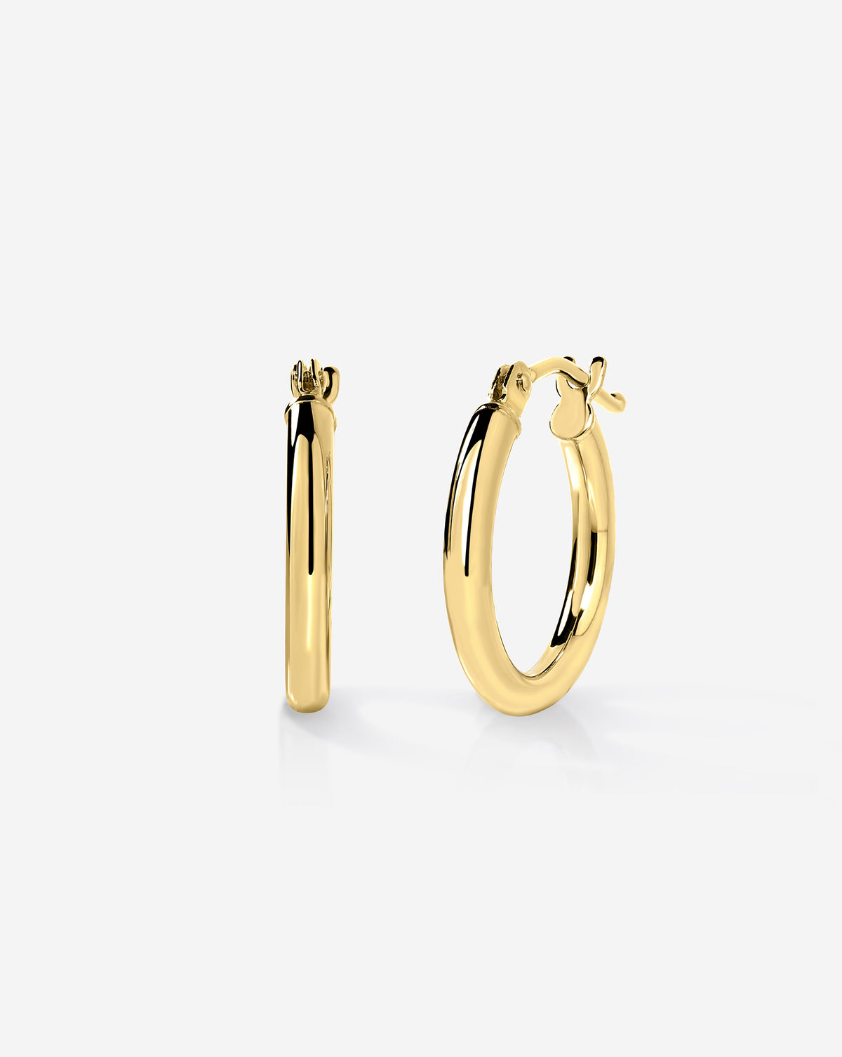 14k yellow gold essential mini hoop earrings with a classic rounded design and hinged closure, displayed on a white background.