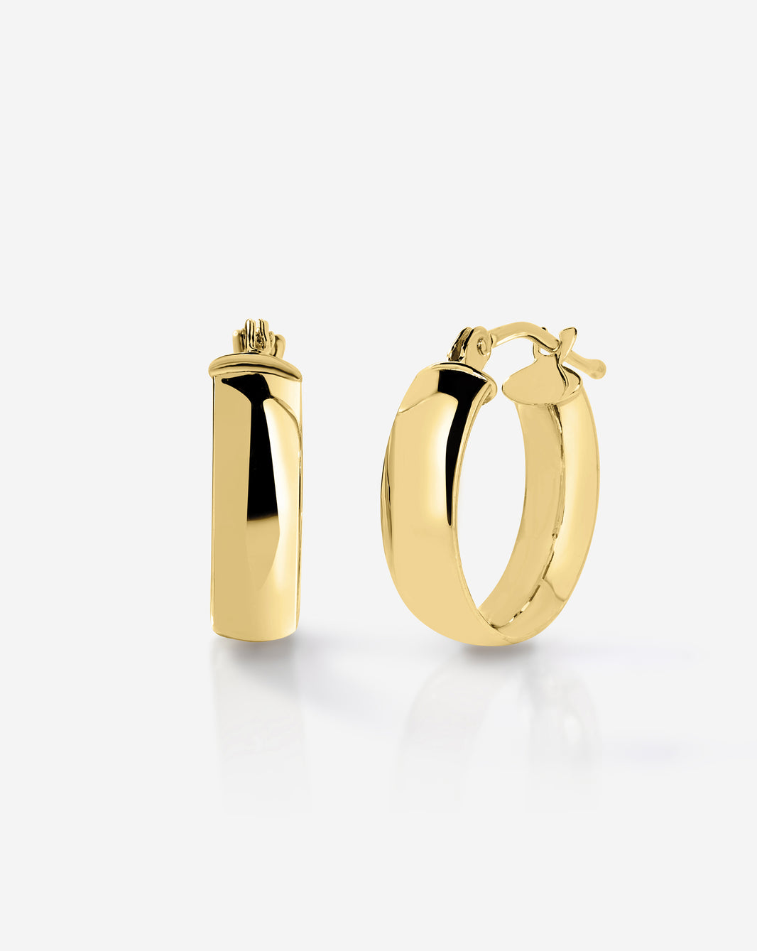 14k yellow gold wide mini hoop earrings with a smooth rounded design and hinged closure, displayed on a white background.