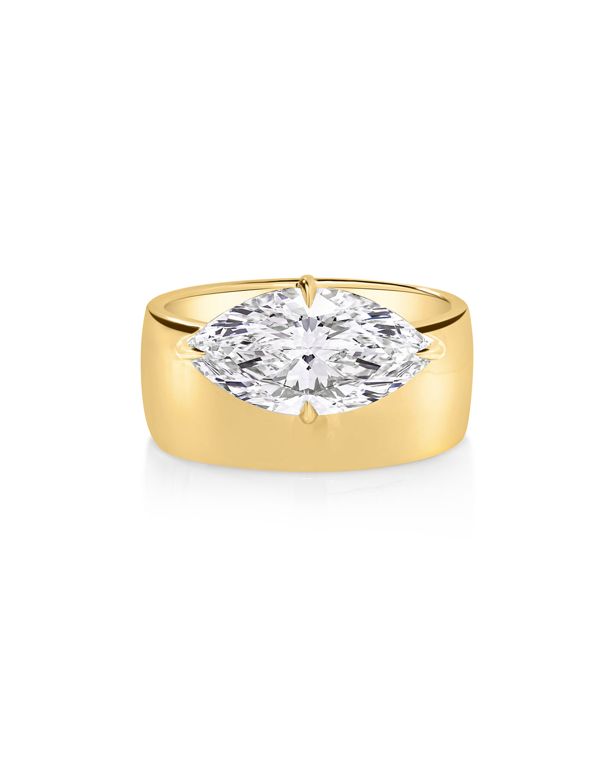 Front view of The Eclipse ring featuring a marquise-cut diamond set horizontally on a wide 14K yellow gold half-dome band. 67586767814744