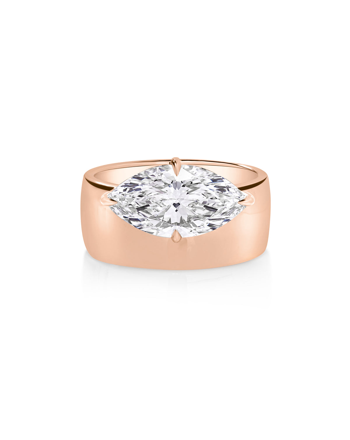 Front view of The Eclipse ring featuring a marquise-cut diamond set horizontally on a wide 14K rose gold half-dome band. 67586638807128
