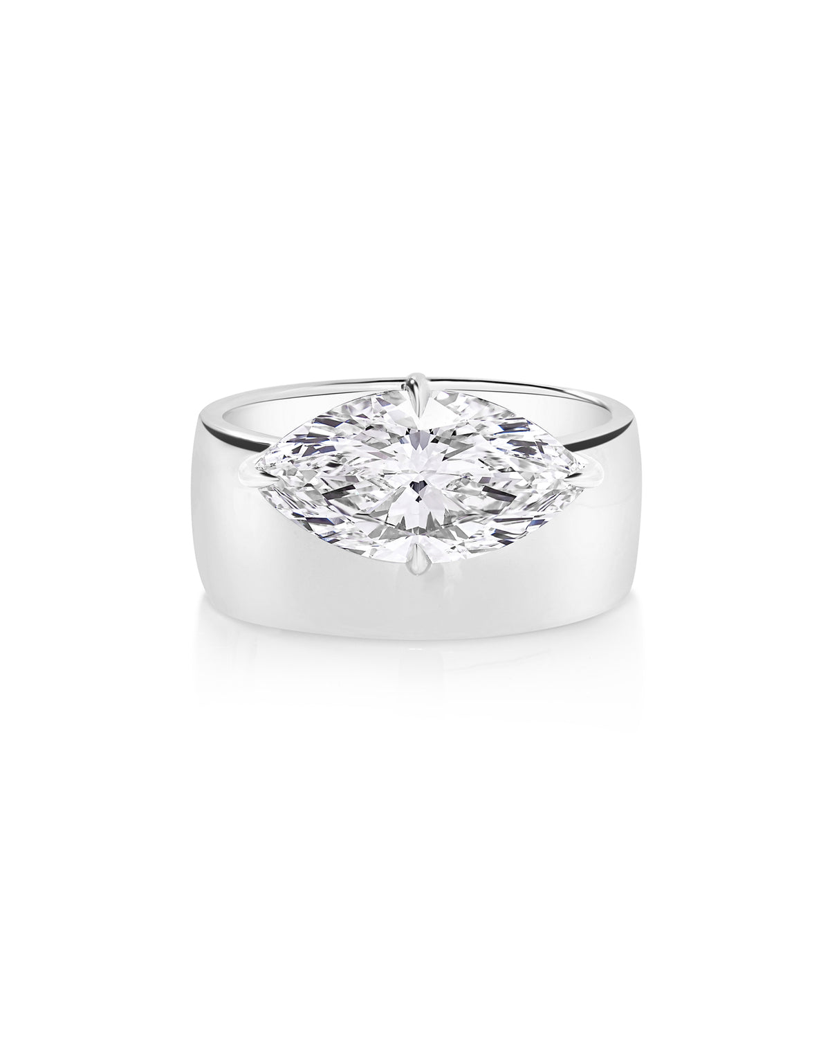Front view of The Eclipse ring featuring a marquise-cut diamond set horizontally on a wide platinum half-dome band. 67586768044120