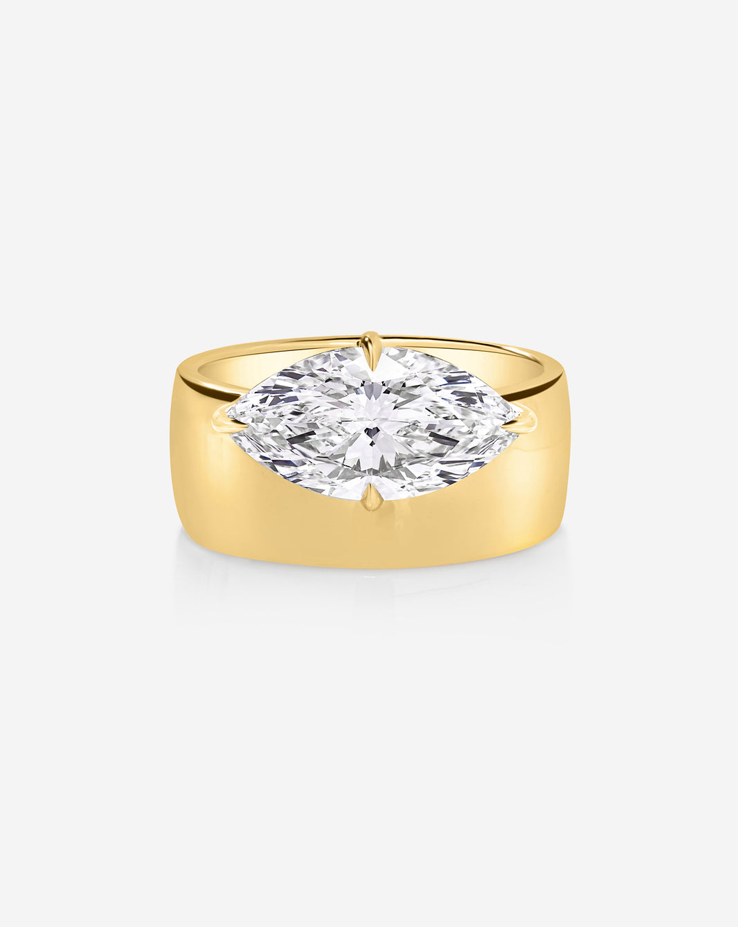 Front view of the Eclipse ring featuring a 2.09-carat marquise lab-grown diamond set horizontally on a wide yellow gold band.
