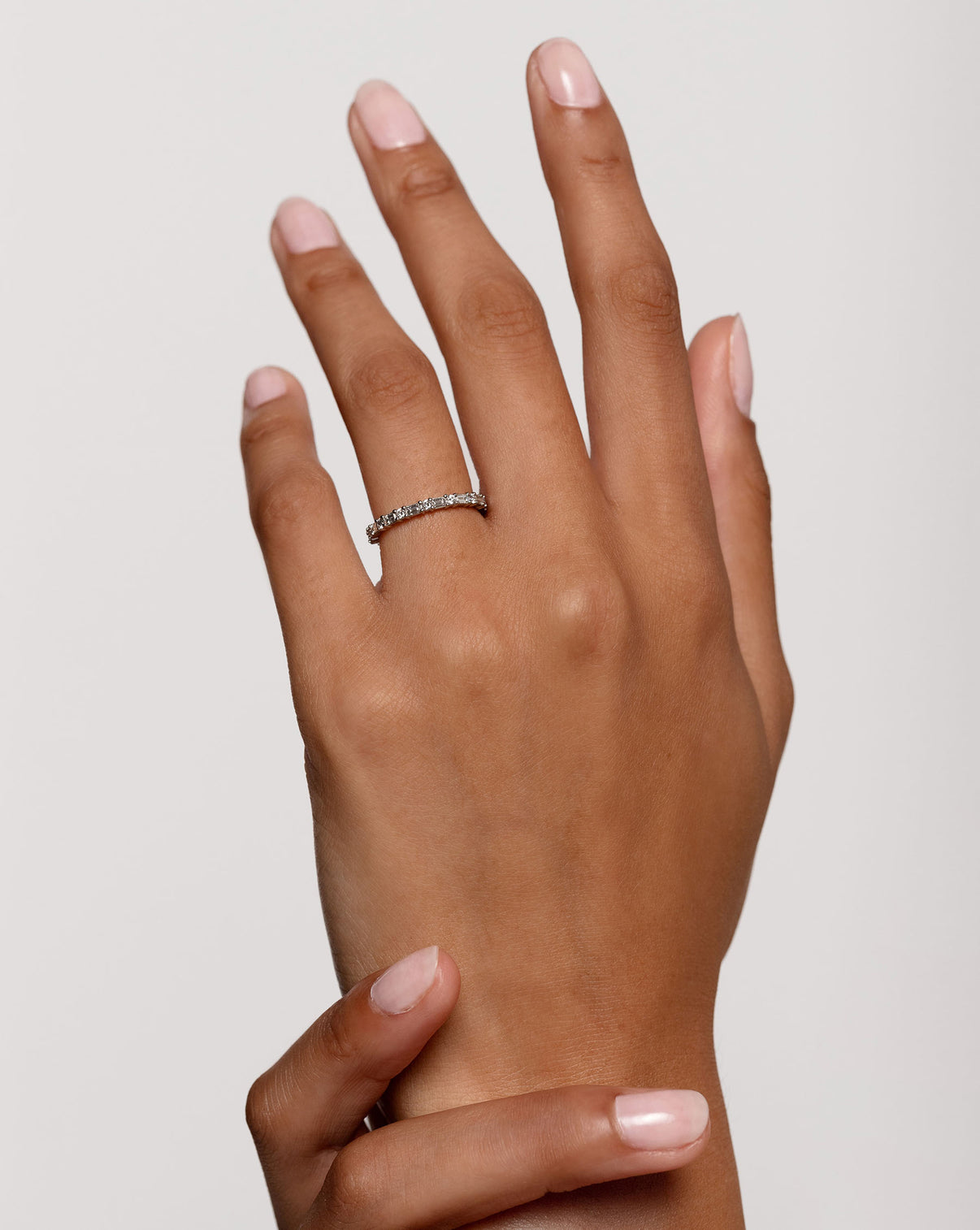 Ring Concierge Baguette + Round Eternity Band Platinum on model