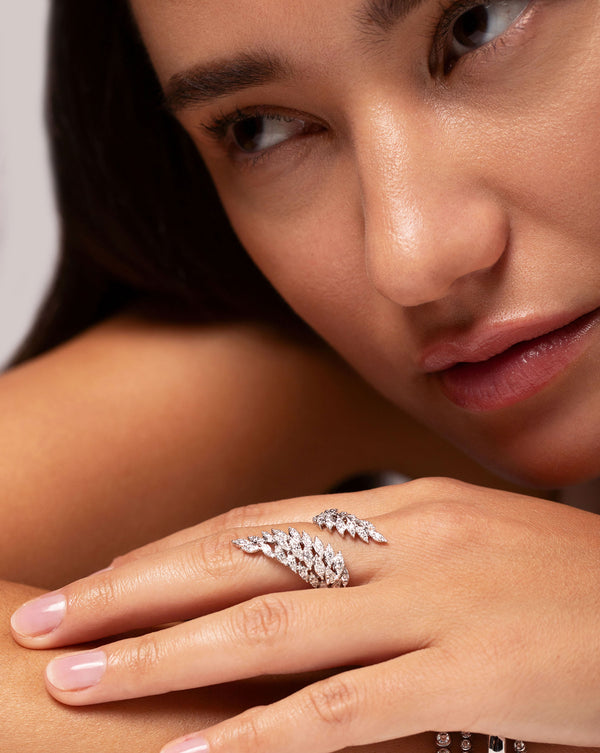 Marquise Illusion Diamond Wrap Ring shown on middle finger of model's hand