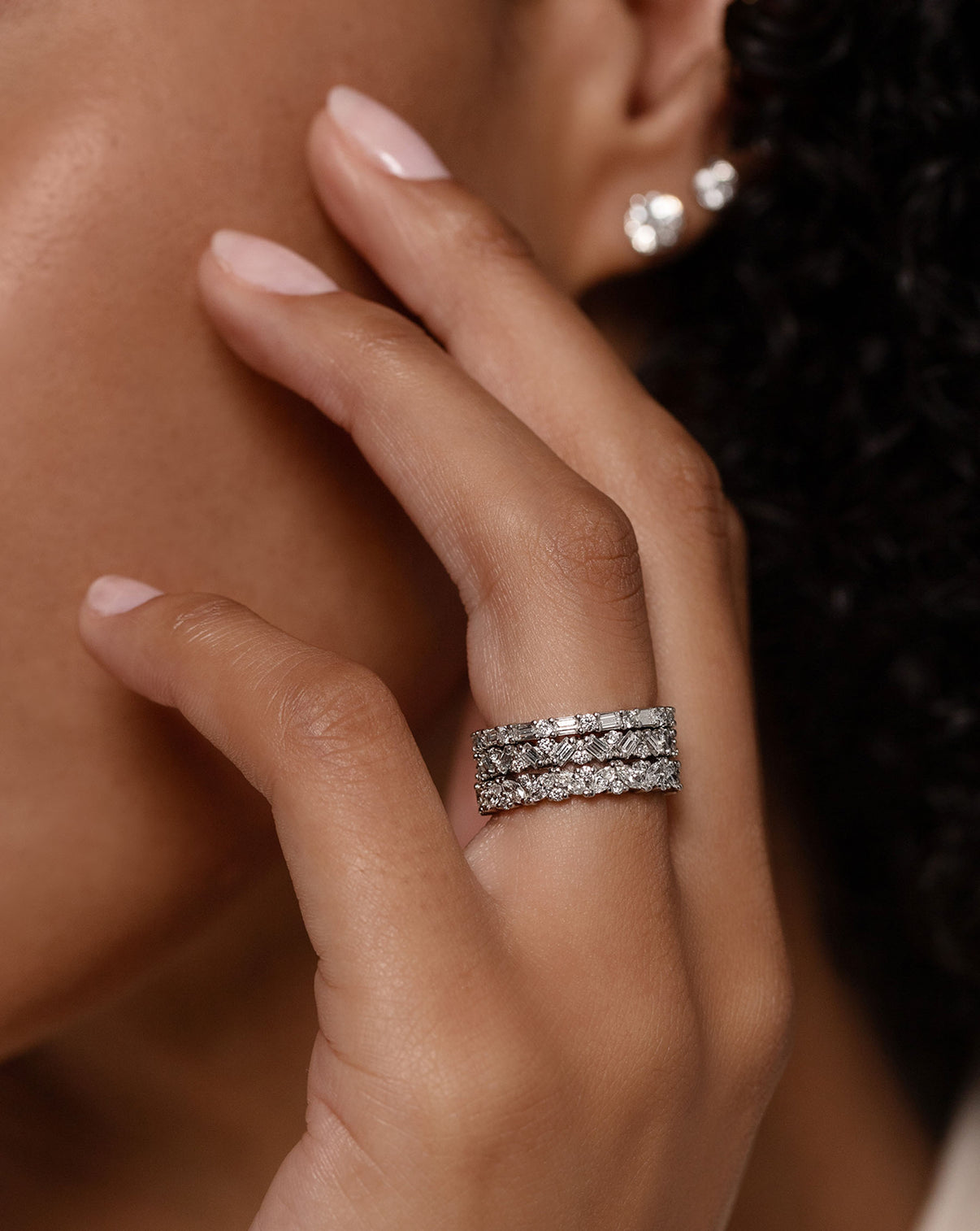 Ring Concierge Baguette + Round Eternity Band Platinum 3 mixed shape bands stacked
