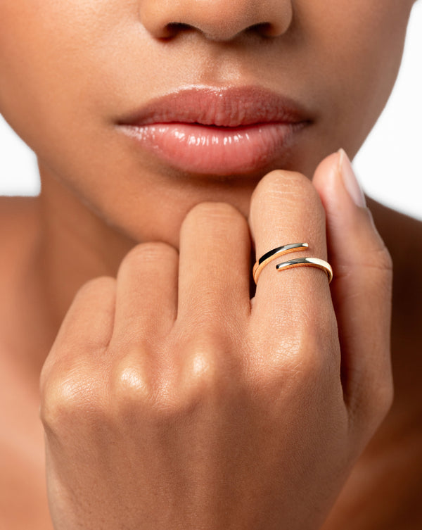 14k yellow gold open wrap ring on model