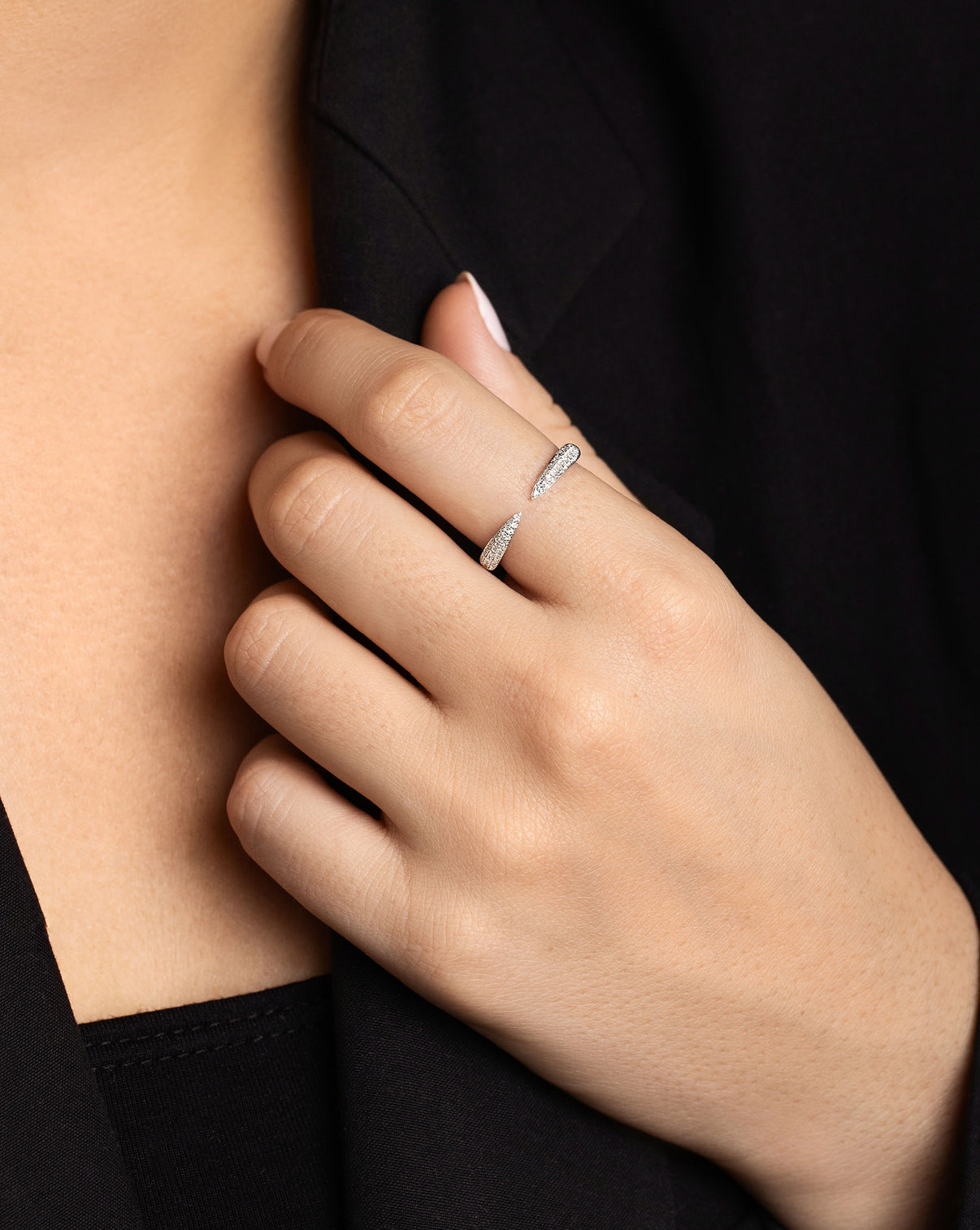 Triple Row Diamond Claw Ring on model