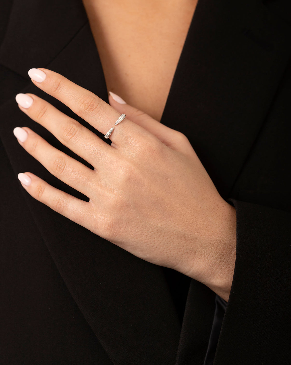 Triple Row Diamond Claw Ring on model