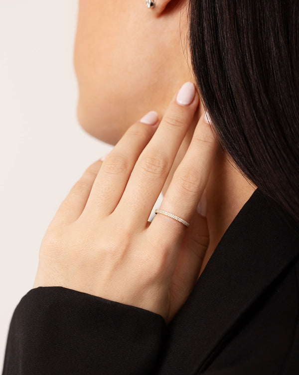Double Row Stackable Pavé Ring on model wearing blazer