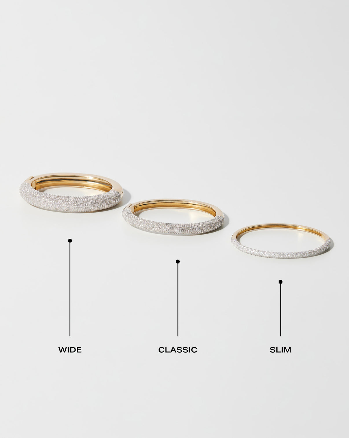 Pavé Diamond Stackable Gold Cloud Bangle composite showing sizes Slim, Classic and Wide with labels global