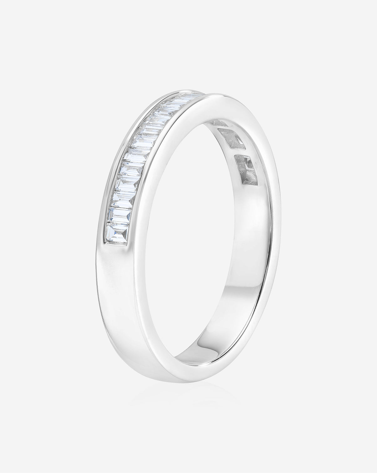 side view of Baguette Diamond Channel Set Half Eternity Band in 14K White Gold