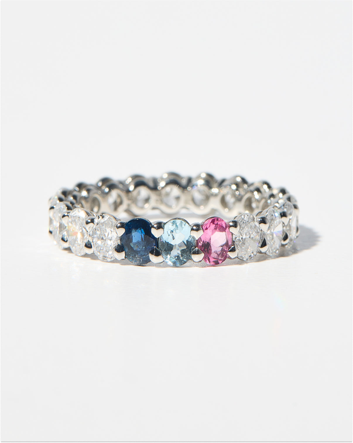 Platinum Oval Diamond and Birthstone Eternity Band shown on white background comparison chart Oval Lab Diamond and Birthstone Eternity Band Petite Classic Luxe Platinum 14k Yellow Gold 14k Rose Gold