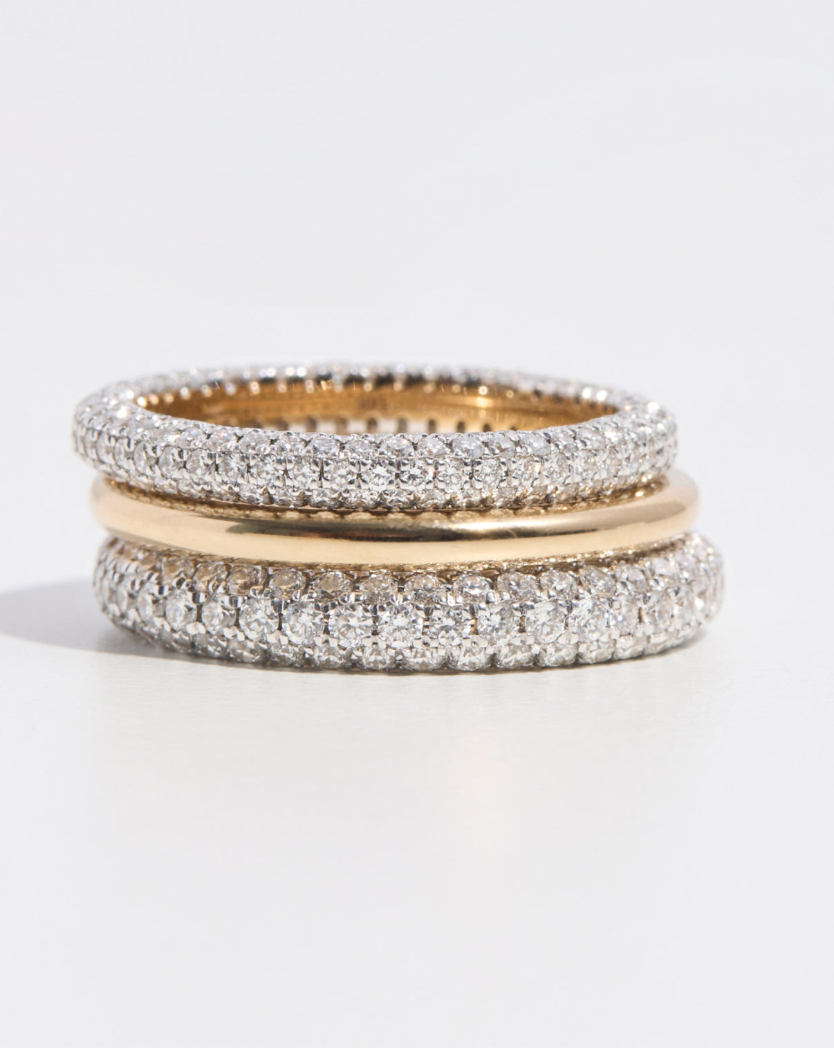 2 mm Cloud Band and Pavé Cloud Eternity Band stacked on each other on white background global