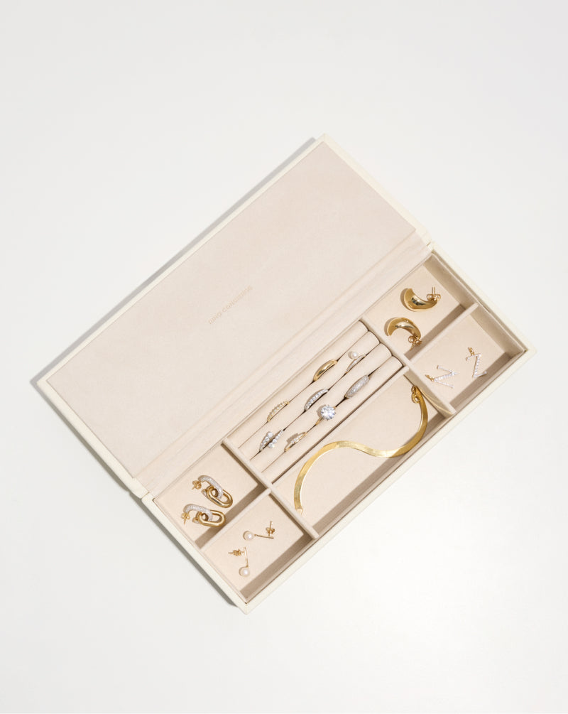 Leather Jewelry Box bird's eye angle with jewelry in compartments