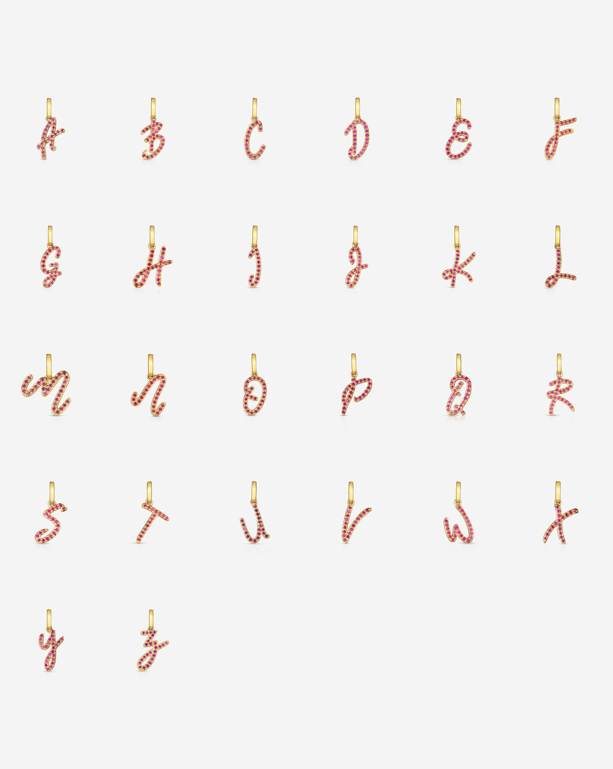 Gemstone Script Initial Pendants in ruby and yellow gold alphabet composite