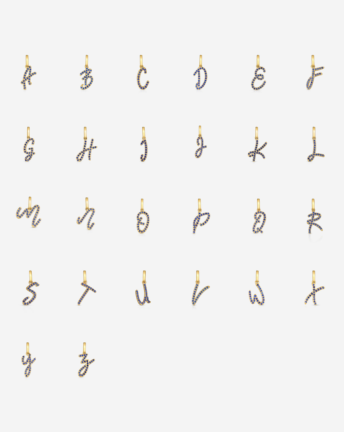 Gemstone Script Initial Pendants in sapphire and yellow gold alphabet composite