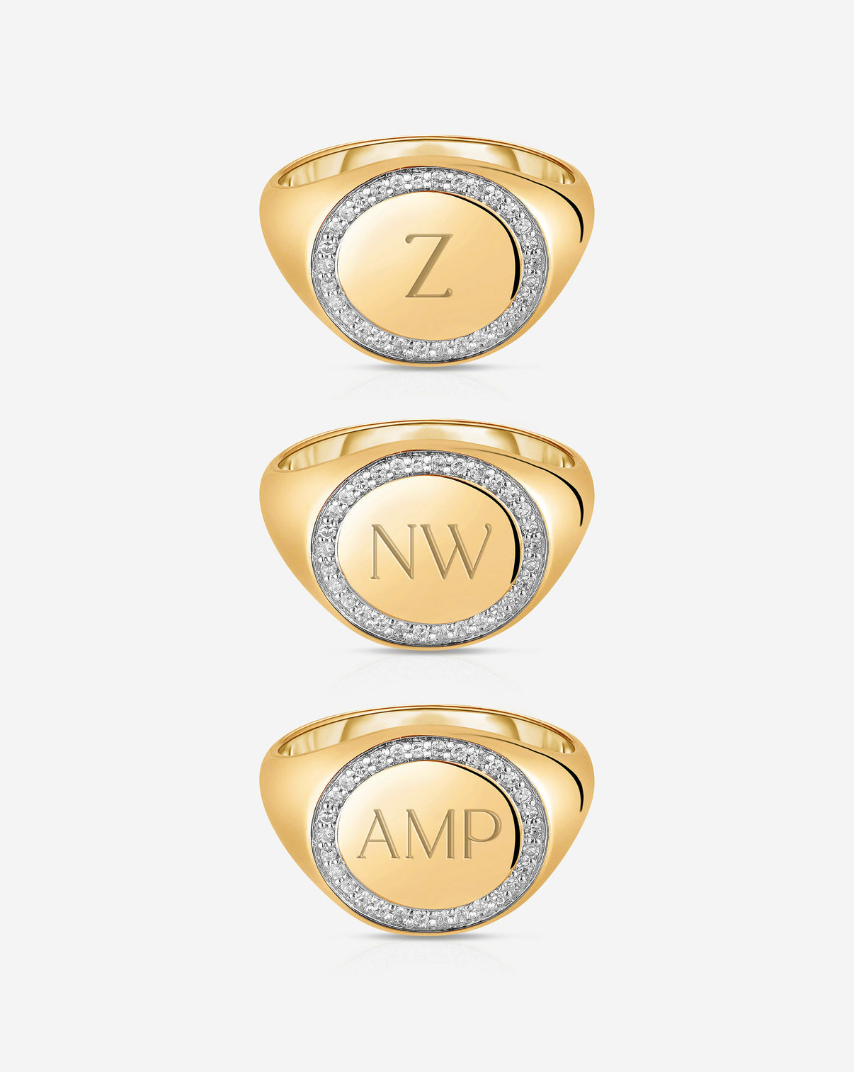 Pavé Diamond Border Signet Ring composite showing Celine font engraving