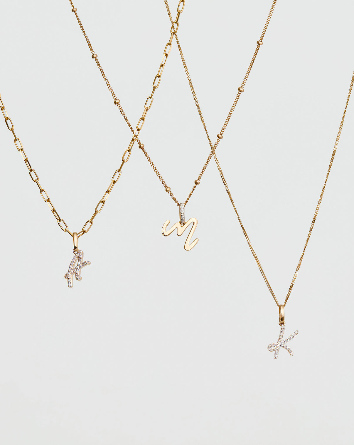 Script Initial Pendant shown on 3 different chain options
