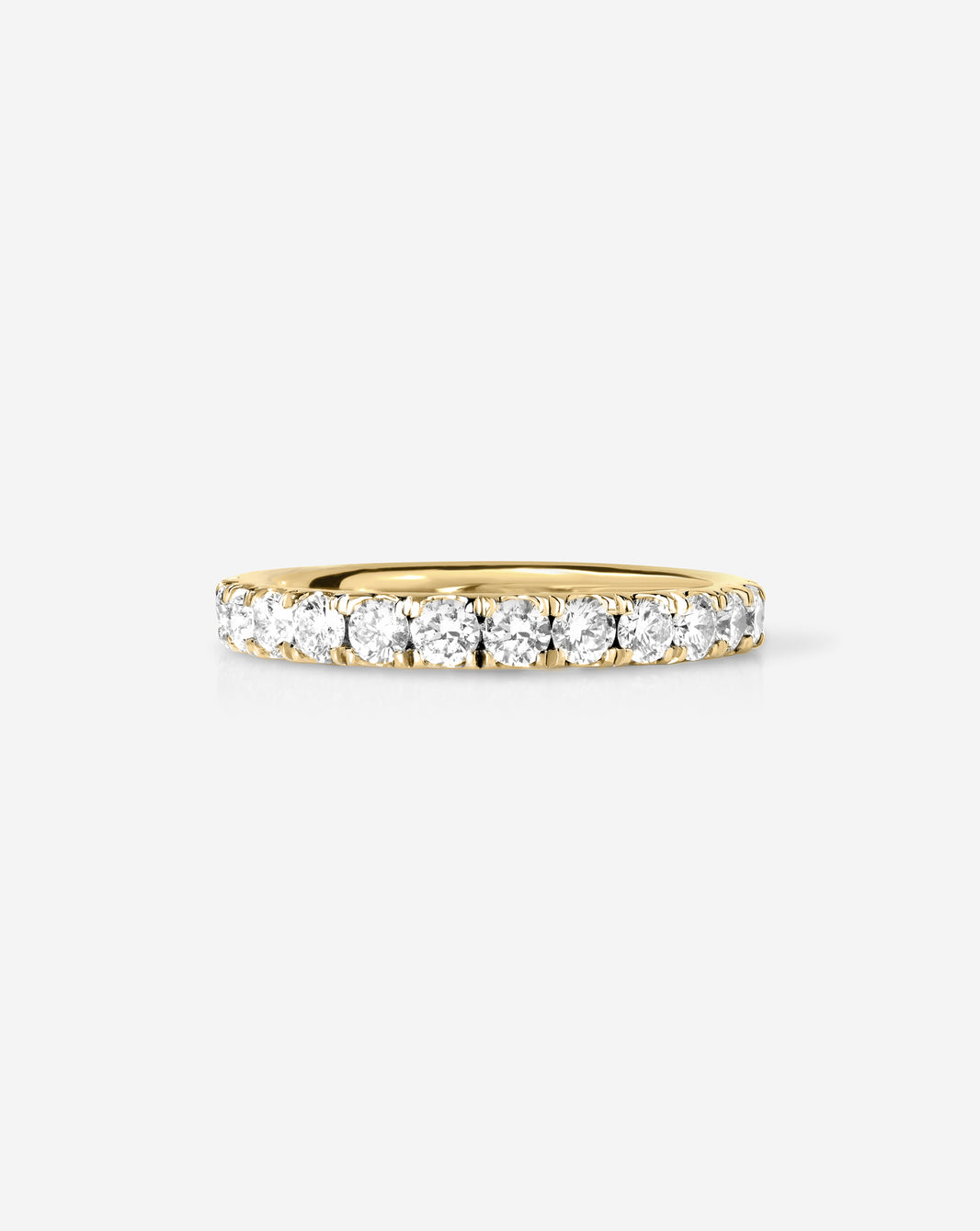 Flat lay of 2.5 mm Perfect Pave Diamond Ring in 14k Yellow Gold