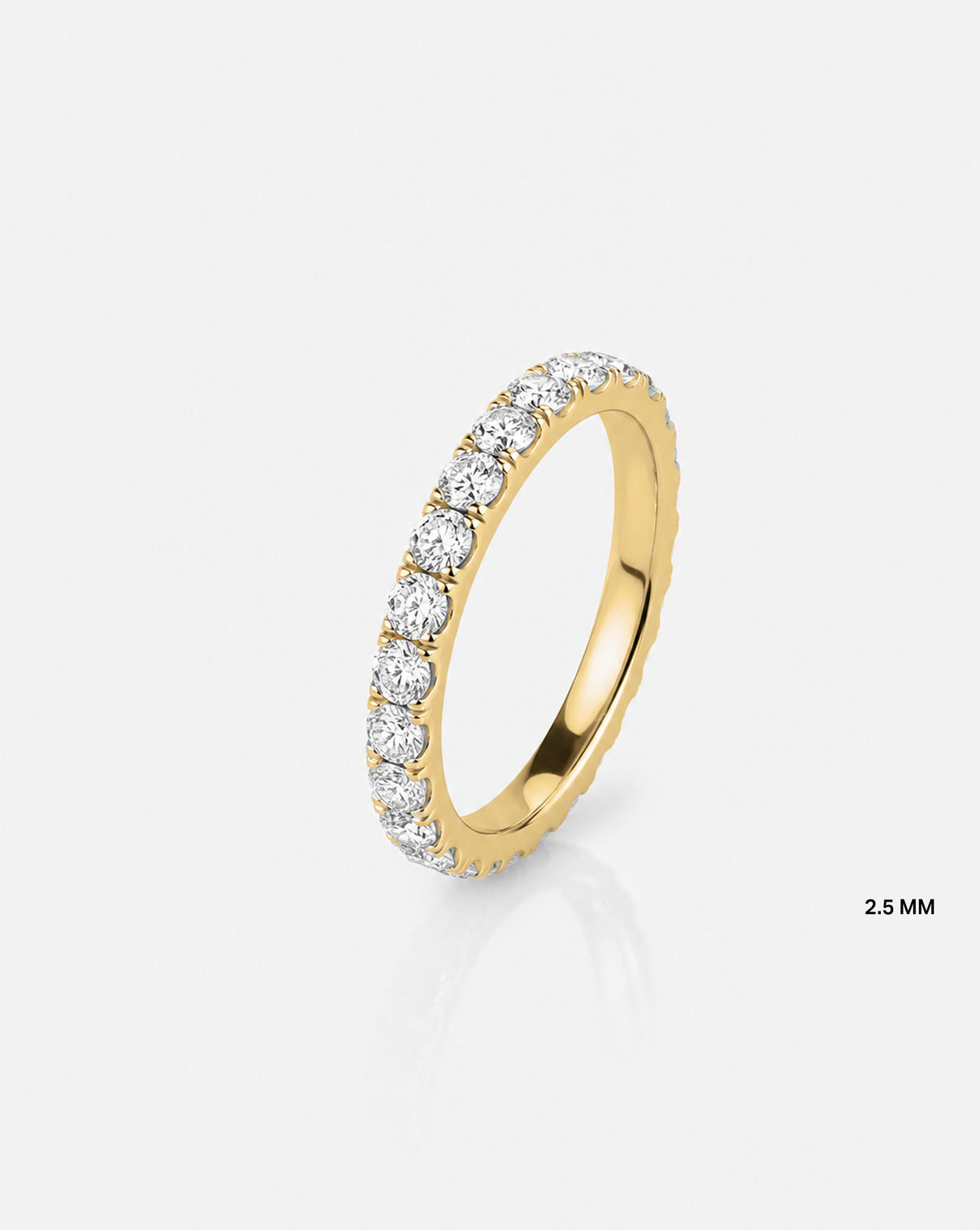 Flat lay of 2.5 mm Perfect Pave Diamond Ring in 14k Yellow Gold / Eternity (full diamond coverage) - standing