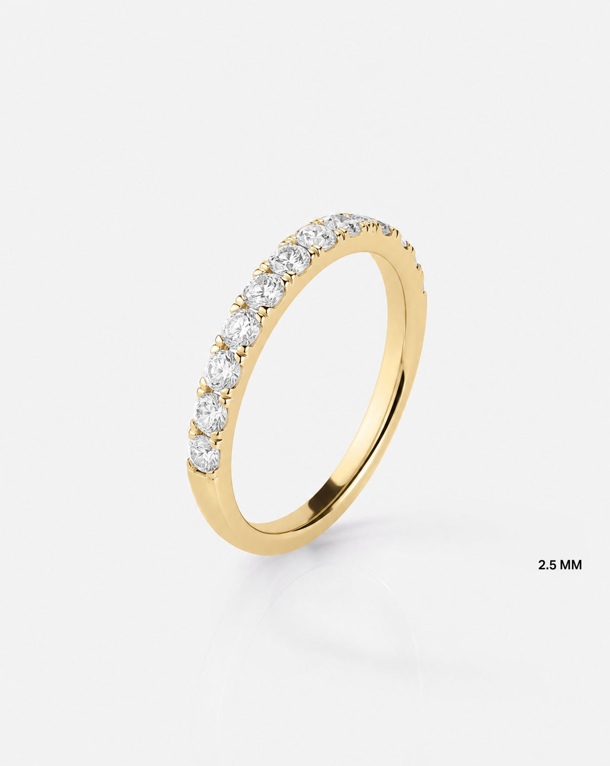 Flat lay of 2.5 mm Perfect Pave Diamond Ring in 14k Yellow Gold / Half (half diamond coverage) - standing