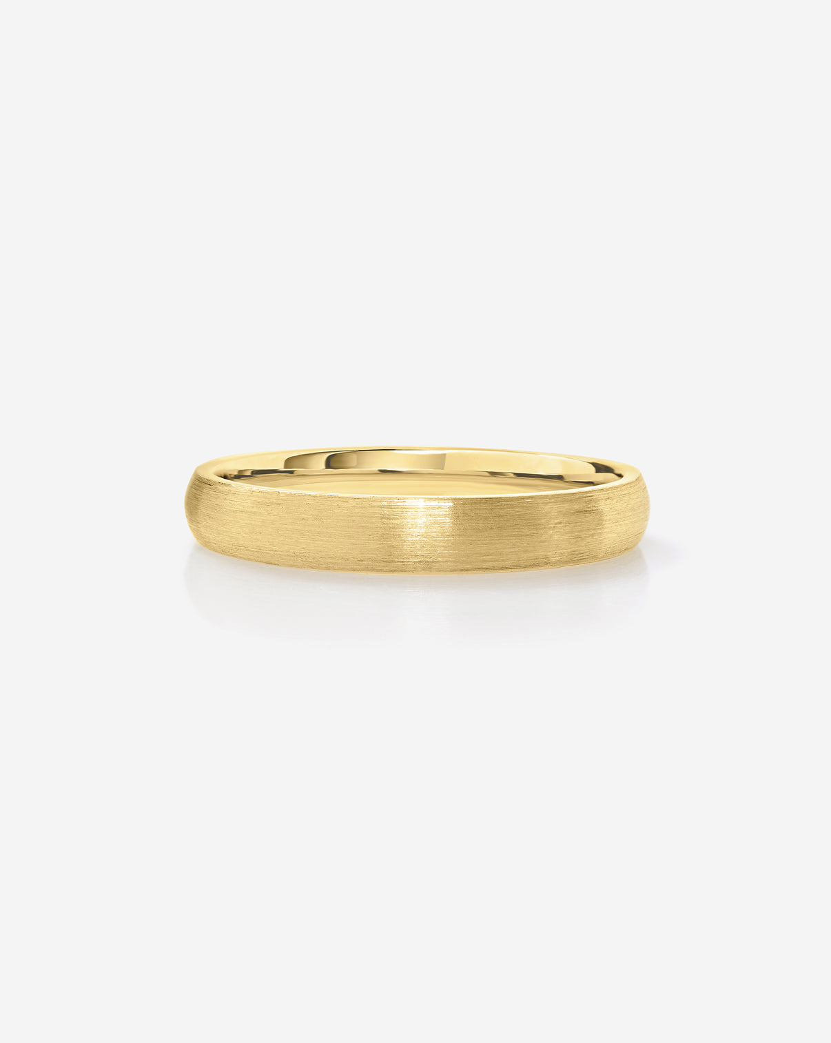 A brushed 14k yellow gold band ring with a polished inner surface, shown from a side profile on a clean white background.