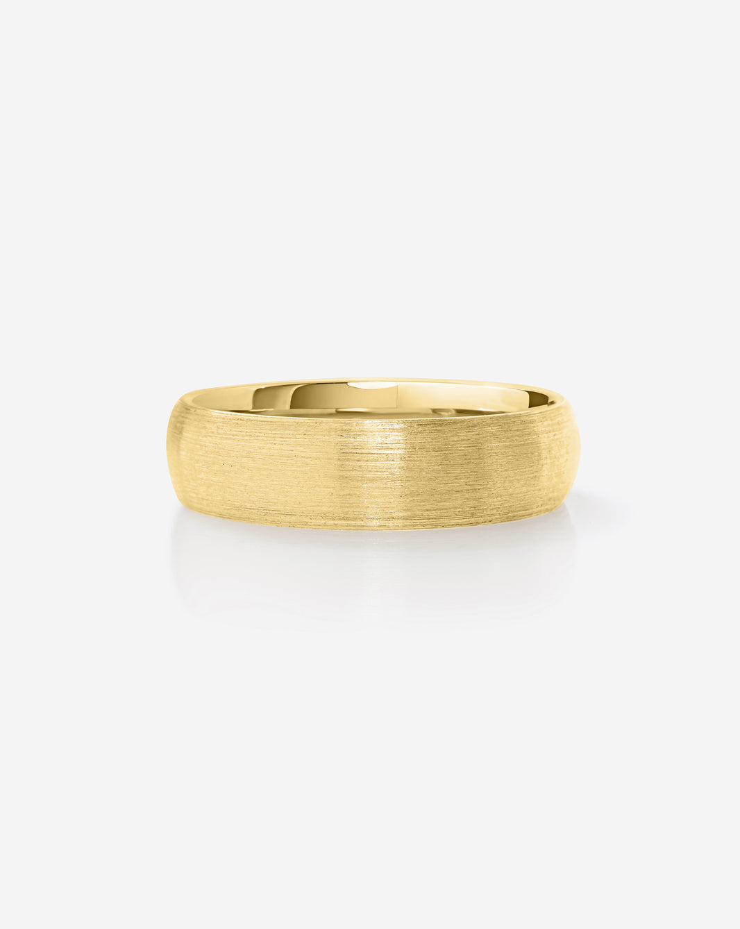 A brushed 14k yellow gold band ring with a polished inner surface, shown from a side profile on a clean white background.