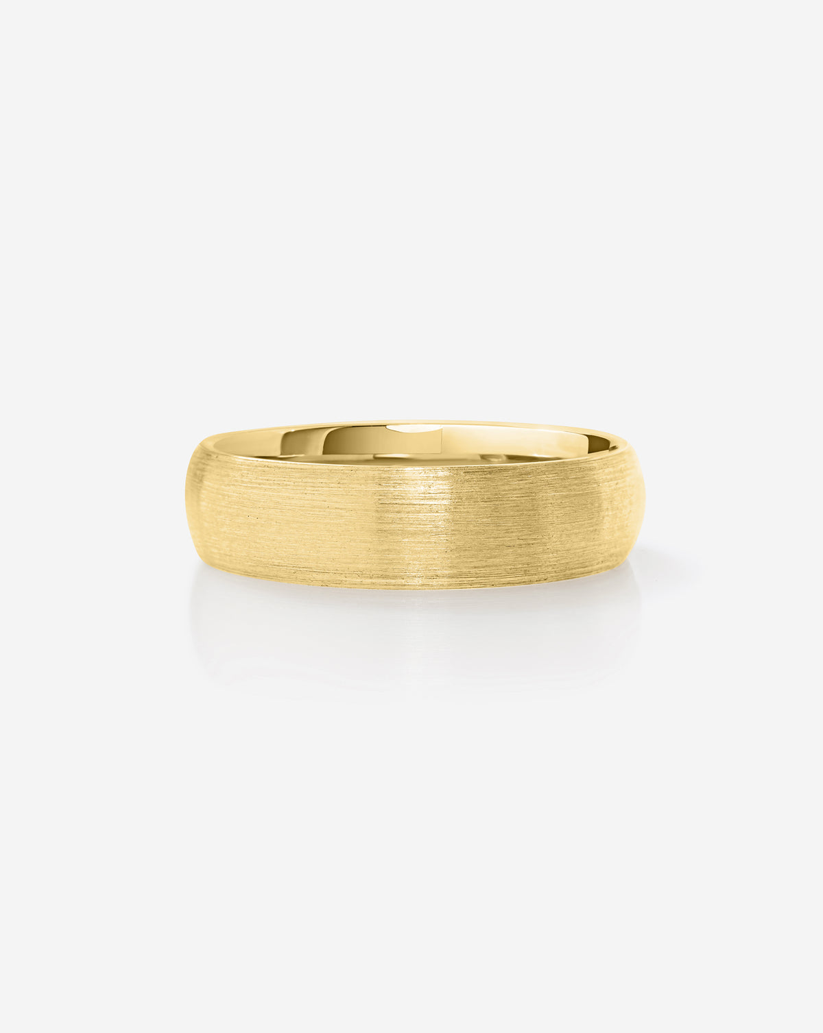 A brushed 14k yellow gold band ring with a polished inner surface, shown from a side profile on a clean white background.