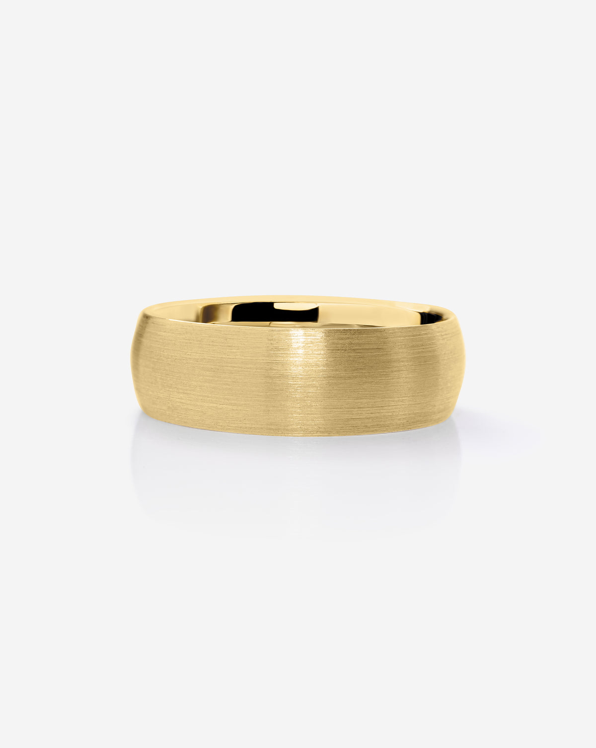 A brushed 14k yellow gold band ring with a polished inner surface, shown from a side profile on a clean white background.
