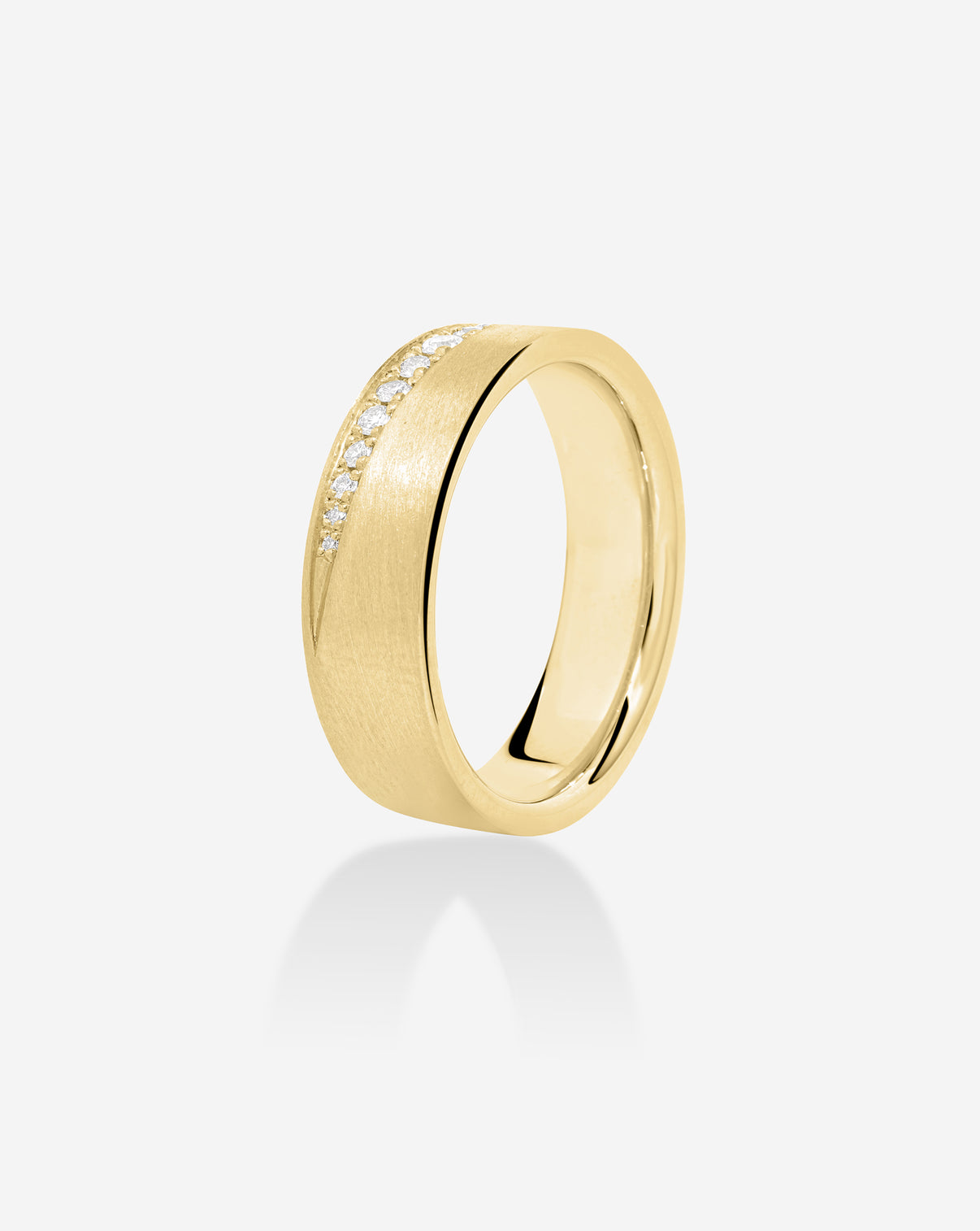Diamond Edge Wedding Band on white background 14K Yellow Gold side view