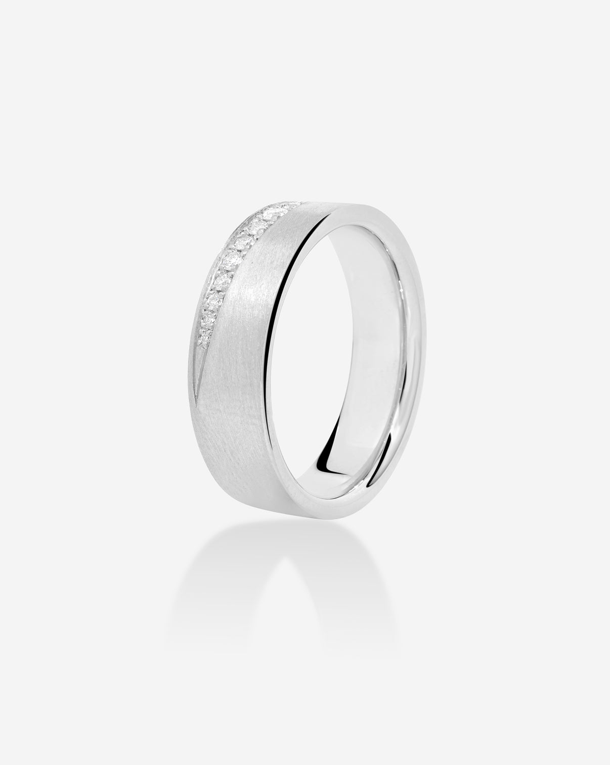 Diamond Edge Wedding Band on white background Platinum side view